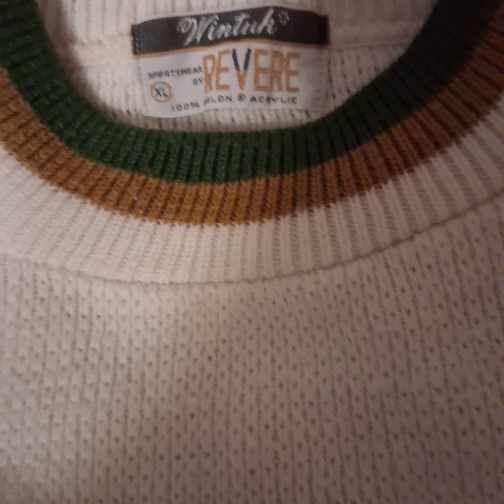 Reverse Men's White Crewneck Sweater with Green and Brown Trim
